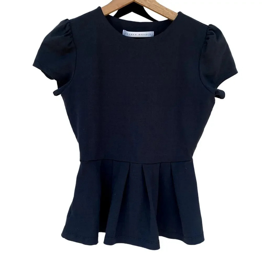Susana Monaco Kiki Pleated Peplum Blouse Dark Charcoal Gray T Shirt size XS Top - Picture 2 of 5